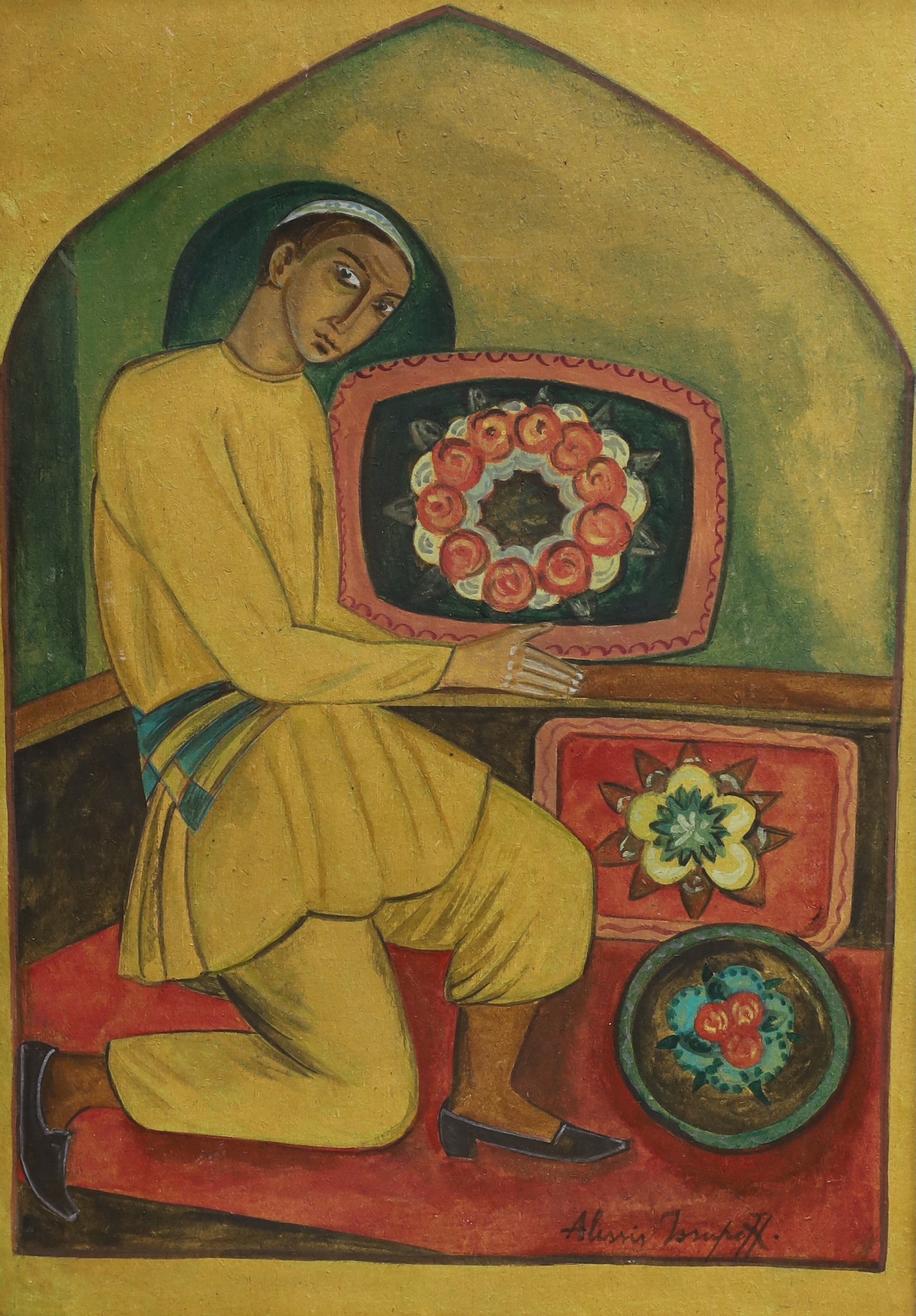 Attributed to Alessis Isupoff (Russian, 1889-1957), watercolour on card, 'Merchant displaying trays', bears signature, 50 x 36cm